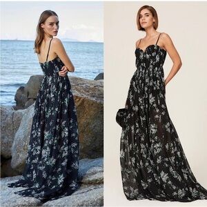 SAU LEE Floral Pleated Chiffon Bustier Sleeveless Fit & Flare Flowy Maxi Gown